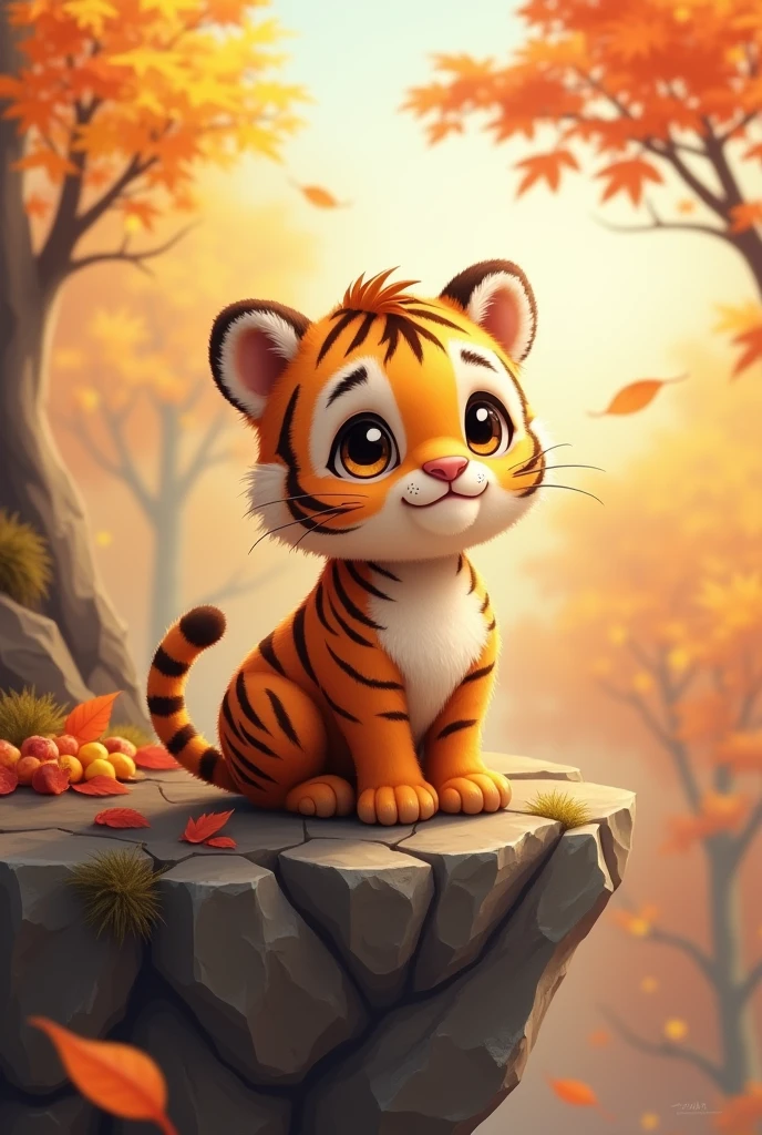 a pure brown tiger,cute style,on the cliff,Look sideways to high places,Background autumn,老虎cute style