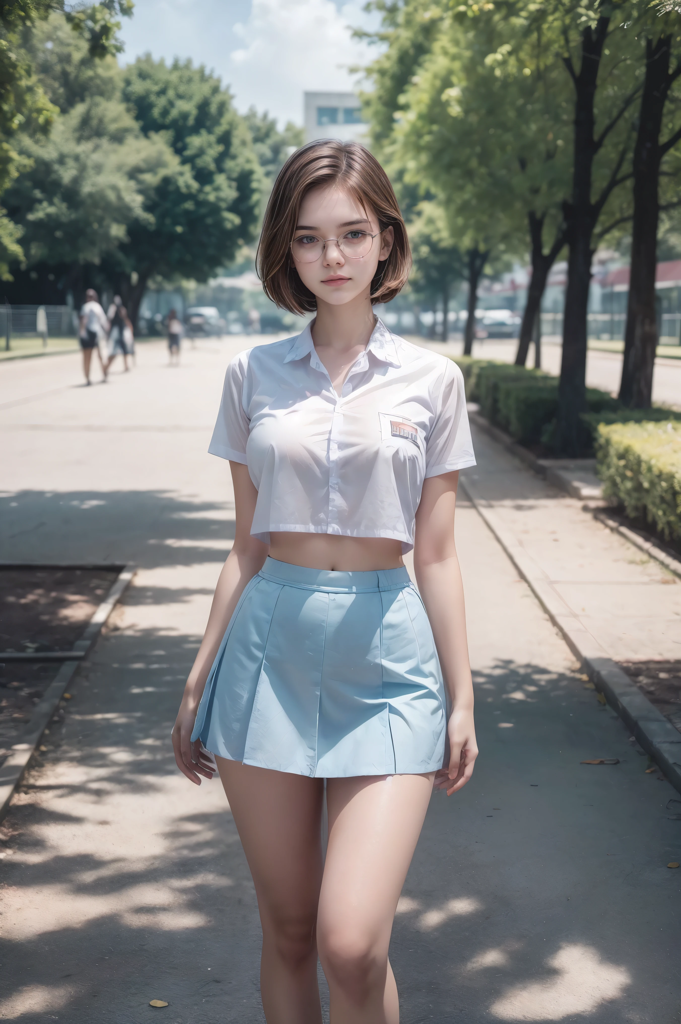 1 girl, (((at park))), (transparent white shirt), (wet shirt), (mini skirt), (pastel blue skirt), RAW photo, (photorealistic:1.37, realistic), highly detailed CG unified 8K wallpapers, 1girl, ((slender body:1)), (small breasts:1.3), looking at viewer, ((straight from front)), (HQ skin:1.2), (clean skin:1.2), 8k uhd, dslr, soft lighting, high quality, film grain, Fujifilm XT3, (full body:0.8) , tokyolagii , (bold glasses), full body in, perfect body, two legs, long legs, naval, (wide waist:1.2), (big tigh:1.3), crop top, (cleavage:0.7), sad, blushing, short hair, Barbara Palvin, school grounds