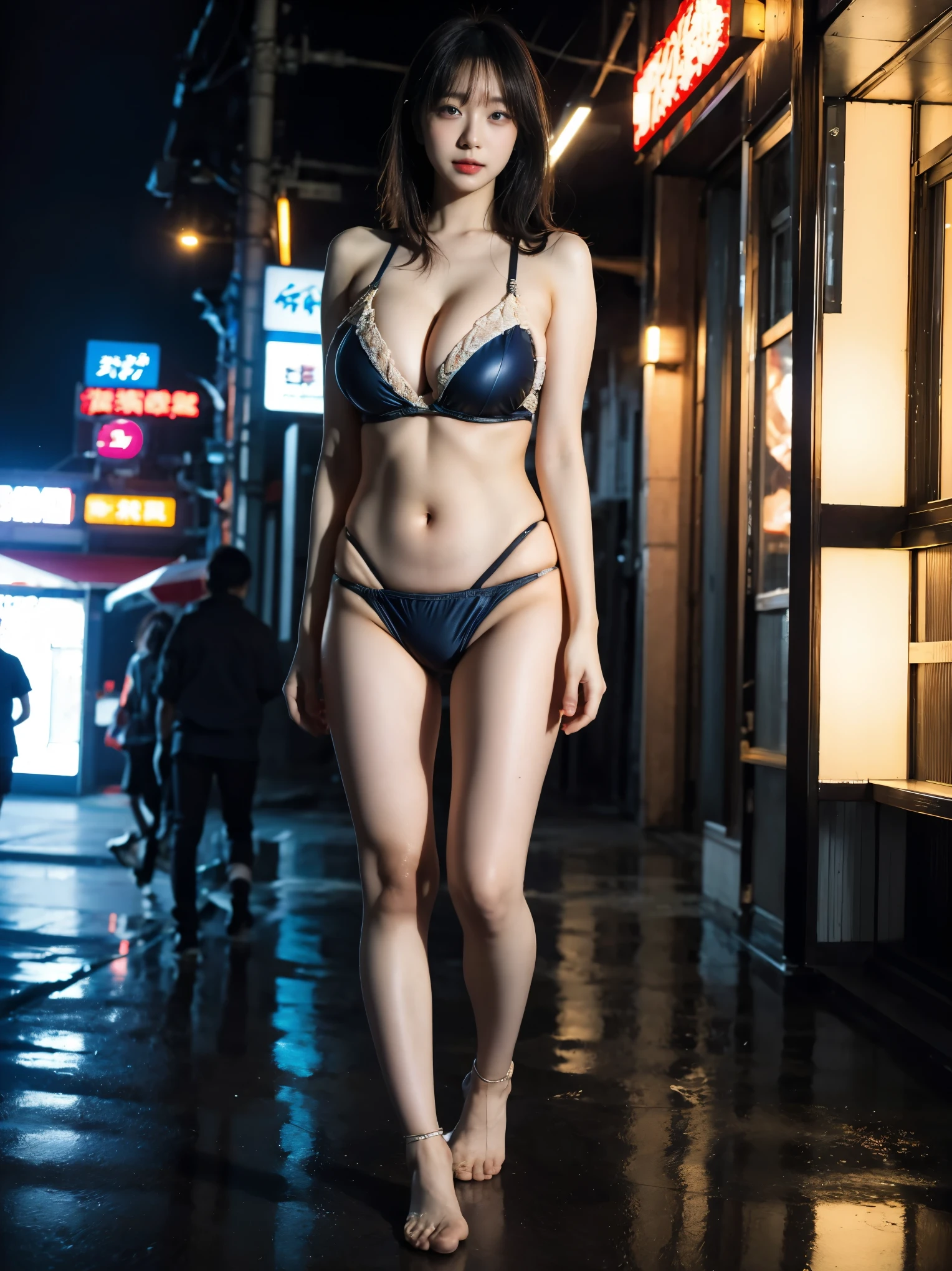 masterpiece, (Highest quality:1.2), [:Intricate details:0.2], 1 person, Big Breasts, Shining Aura,  Crackling Energy, Shining moat,Wavy Hair,View your viewers,Full Body Shot,Swimwear，Portraiture,Neon glowing night city、Saibarpunk