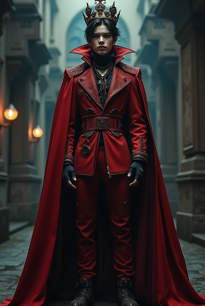 Create a male teenage vampire wearing a crown, with the red demolition man&#39;s outfit, with the vme symbol on the uniform 