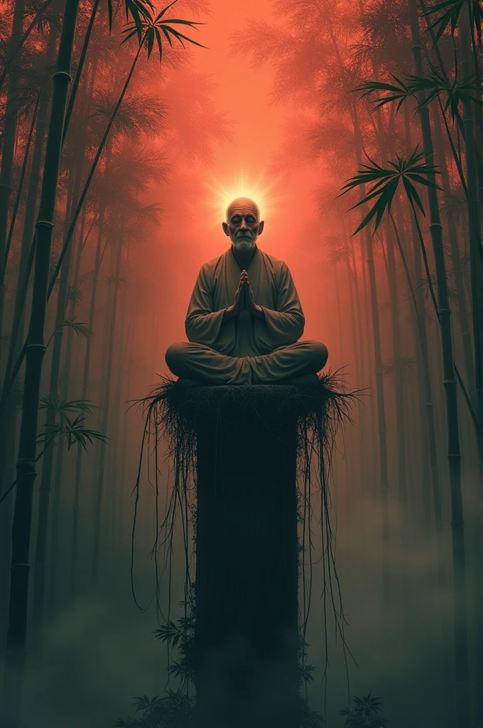 An old hermit sits cross-legged on the top of a bamboo tree, hands clasped in front of his chest, there is a white light above his head, the background is a bamboo forest, the atmosphere is dirty, the sky is a bit reddish, there is thin smoke almost filling the atmosphere.