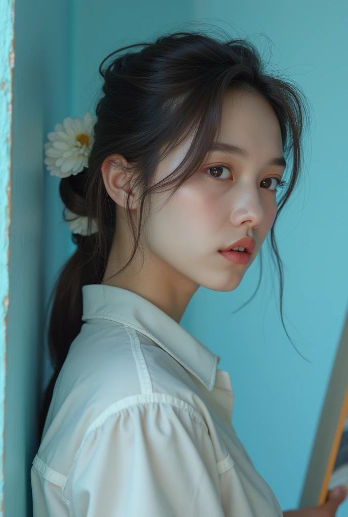 Highest quality,masterpiece,Ultra-high resolution,(Realistic:1.4),One Girl, In the Studio, Pastel blue background,profile,Looking to the side