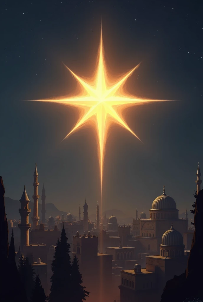 An image of a bright star in the sky, with a background of an ancient city.