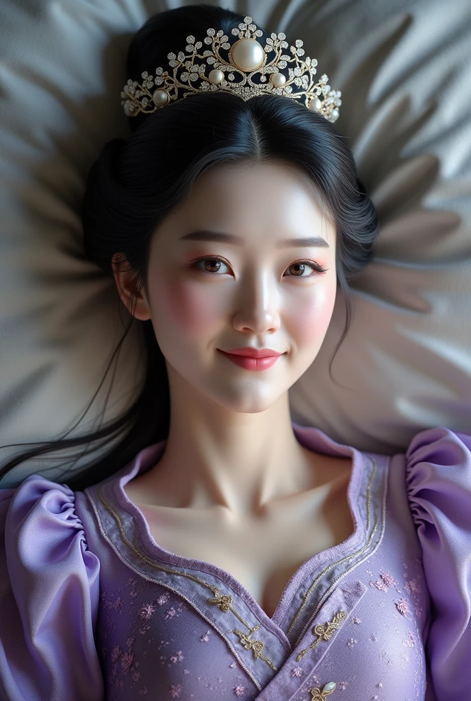(photorealism:1.2), Using Imperial Chinese Dress purple and crown, beautiful mature white Queen, lying on the bed, A close-up to face and straight-on view from above, good body, straight body possure, big breasts, moderate emotion, like Diao Chan, sweet smile.