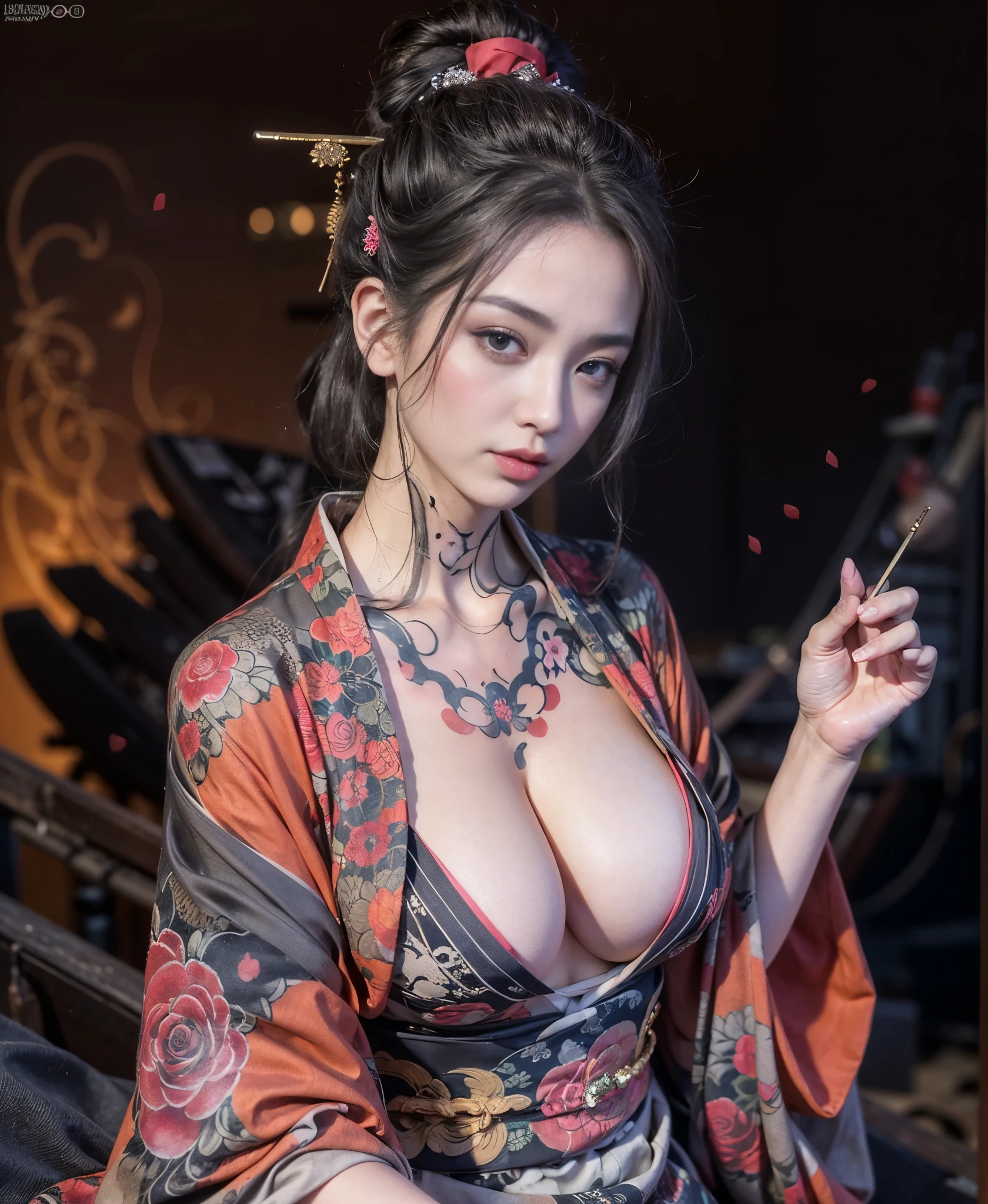 8k, high res, HQ, UHD, (photorealistic:1.4), masterpiece, hyper-realistic detailed photography of beautiful (young geisha:1.3), wear hanging down ((silk kimono, black gold):1.3), ((elegant pose, exposed cleavage):1.3), ((pose on the dusty road, tokyo in the past time):1.3), slim fit body with ((irezumi tattoo, rose motif):1.32), facing forward, thin sagging breast, sexypose, detailed body feature, proportional perfect body, sexy posture, detailed perfect hand, clear bright skin, mesmerizing look, seductive smile, allure gaze, symmetricaly face, perfect face feature, detailed flawless make-up, perfect face with soft skinice face, Intricate detailed grey blue eyes, detailed perfect lips, a bit opened mouth, detailed japanese buns hair, traditional hair accesories, perfect composition, dynamic lighting, past time atmosphere, blue red tones, ((low angle shot, seen from below, focus on face):1.2), volumetric lighting, photon mapping