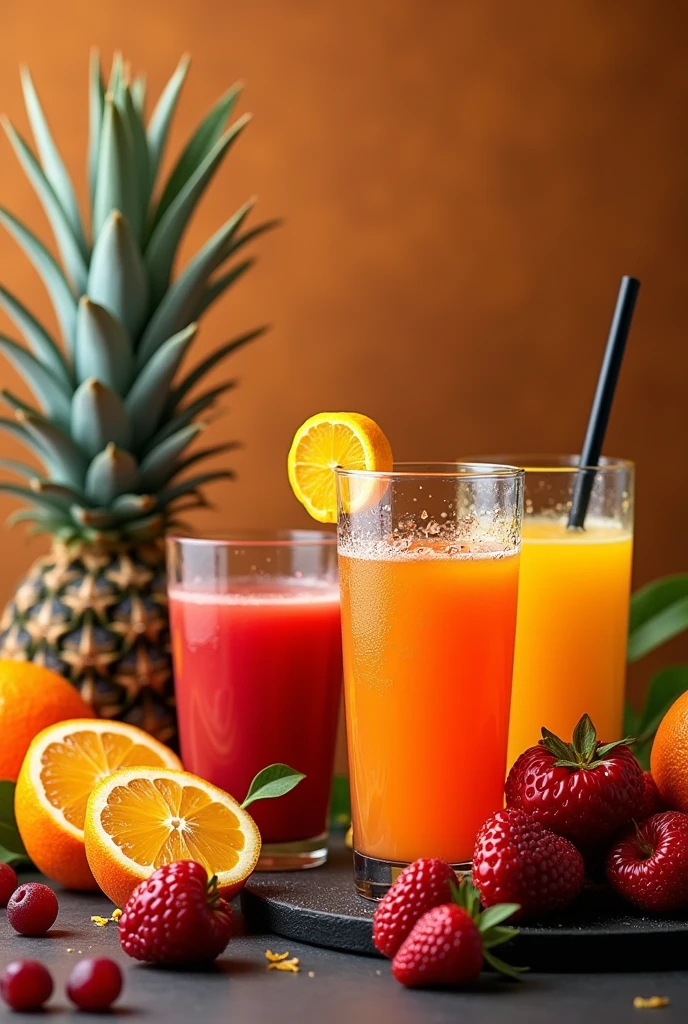 Fruits and juices with beautiful background and,black and orange color mugu text on image