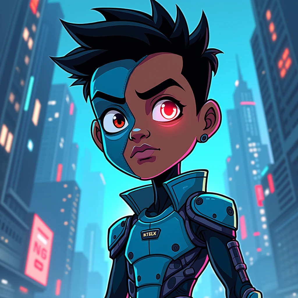 Cartoon, cyborg, teen titans, black man, Blue, Half robot face with one red eye
