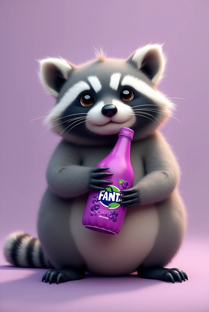 A fat raccoon holding a Fanta grape、High resolution、Big eyes、I can see the cute tail、