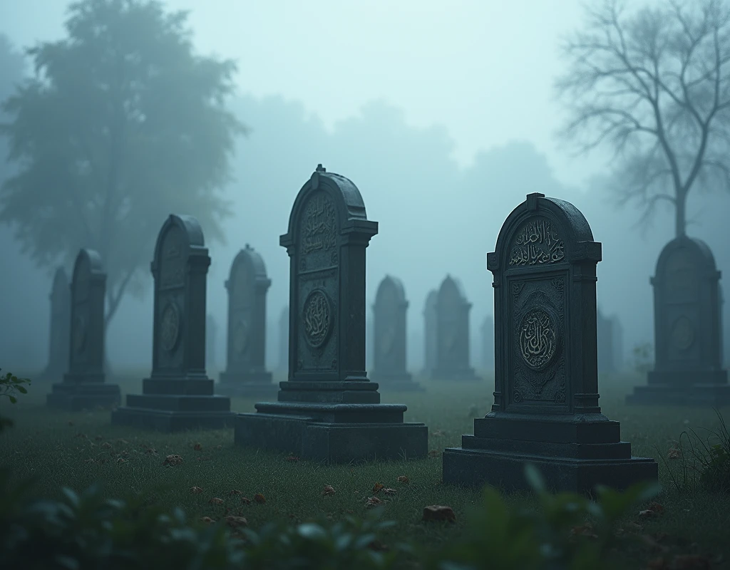 Muslim gravestones in foggy weather