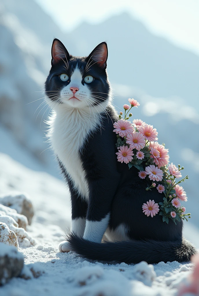 A mutant cat with black and white flowers opens on a snow-white mountain