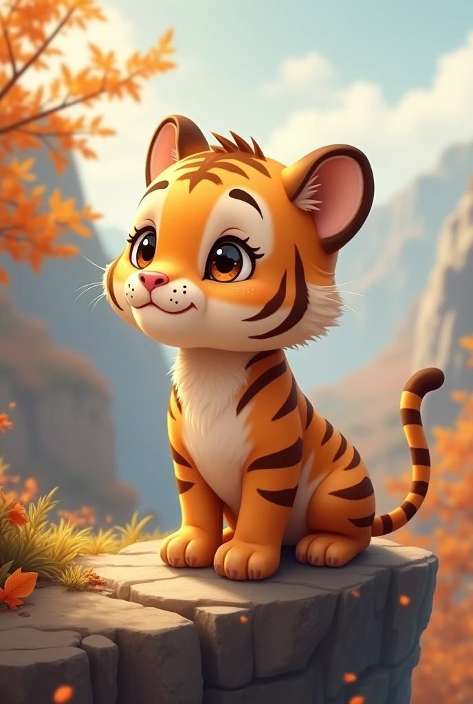 a pure brown tiger,cute style,on the cliff,Look sideways to high places,Background autumn