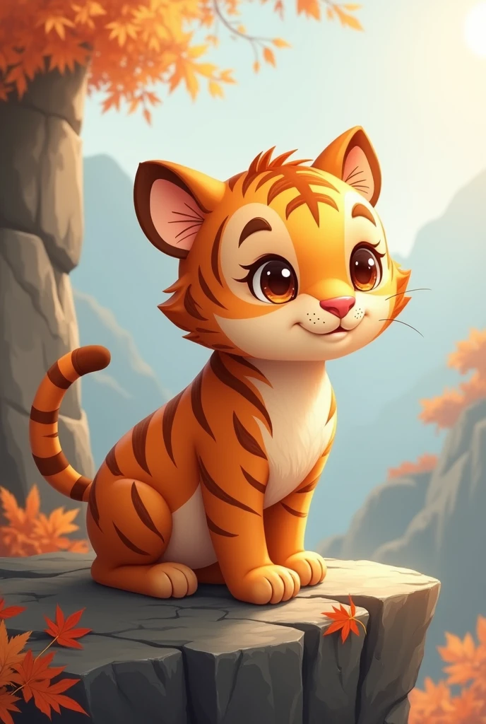 a pure brown tiger,cute style,on the cliff,Look sideways to high places,Background autumn