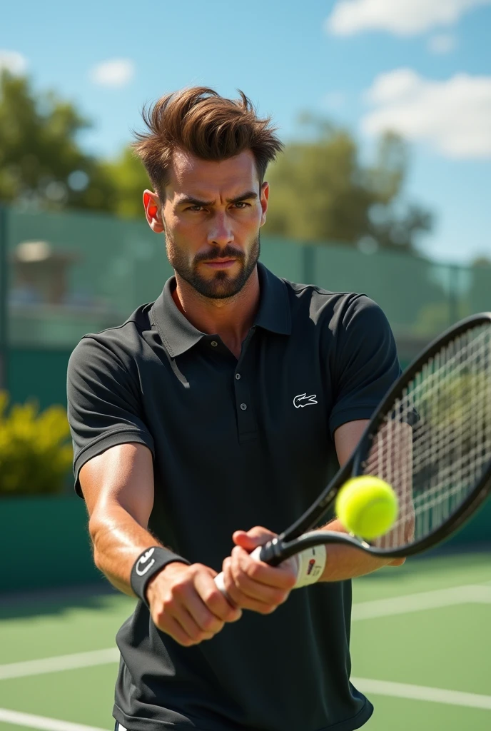 (photorealism:1.2), man with brown eyes and brown hair playing tennis with babolat racket wearing a Lacoste polo shirt  black with a super detailed ultra-realistic photorealistic 8k 