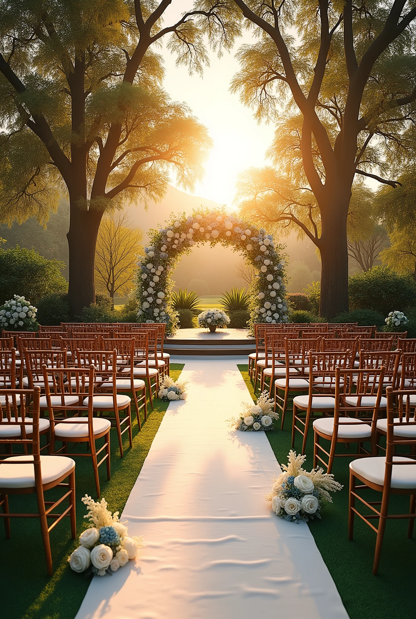 ceremony decoration on the lawn at sunset with brown chairs with white and blue flowers scattered throughout the corridor where there is a white carpet up to the altar where the table is to sign the marriage papers decorated with many white and blue flowers with several trees in the background