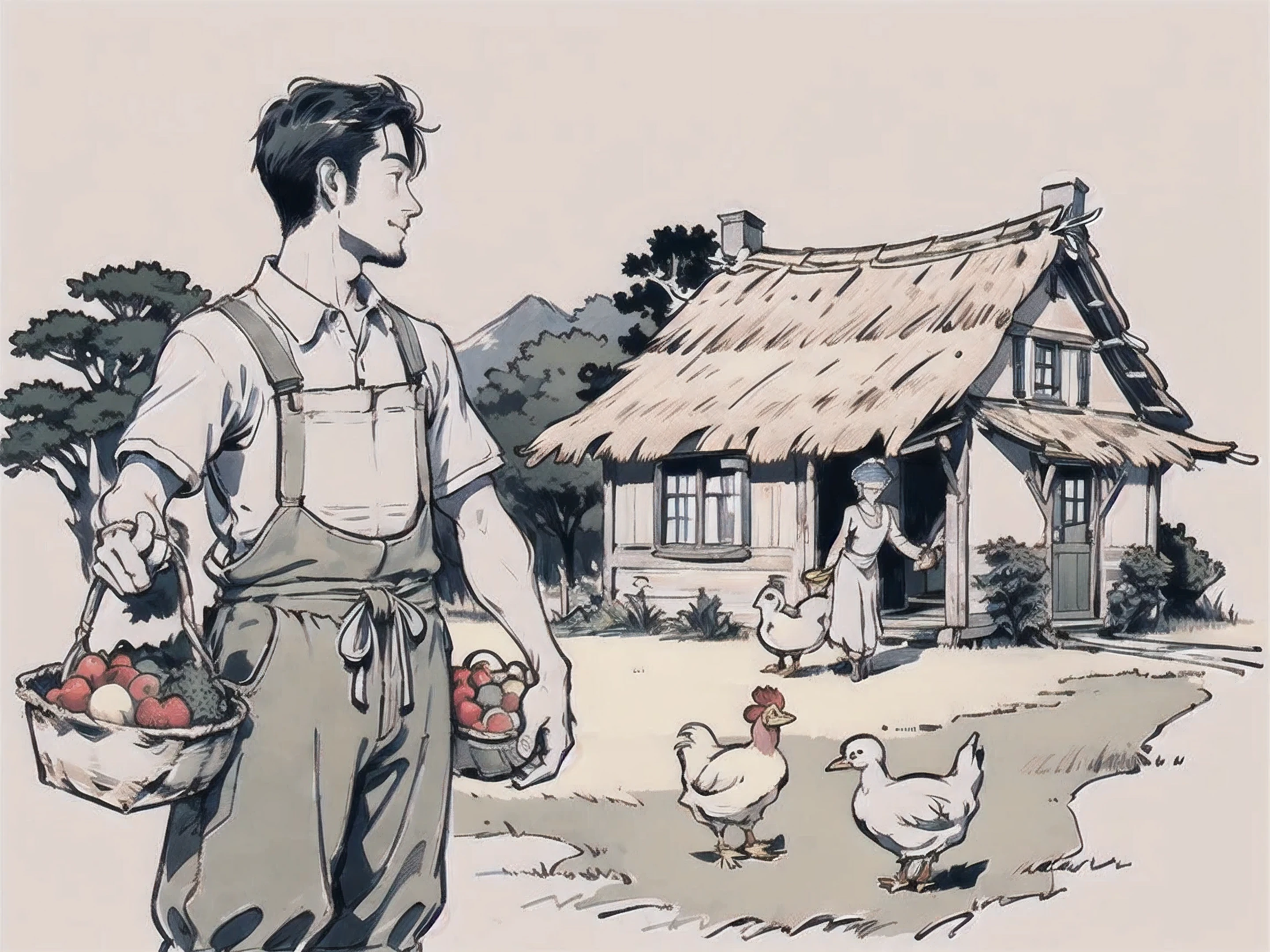 Ultra-clear details，Simple lines，In the center of the picture, two young farmers, a man and a woman, each stretch out a hand to hold up a bunch of fruits.（1.9），With happy chickens, ducks and geese，Thatched cottage as background
