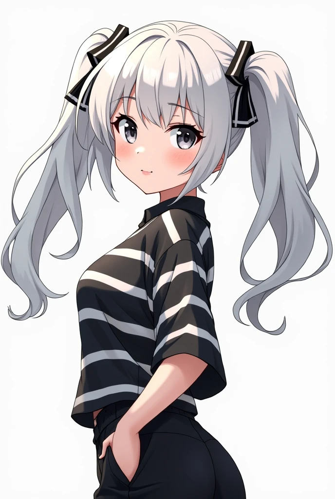 Female anime character white hair with pigtails black and white shirt
