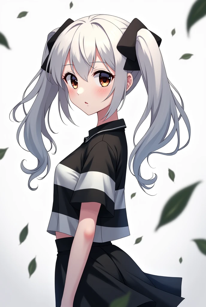 Female anime character white hair with pigtails black and white shirt