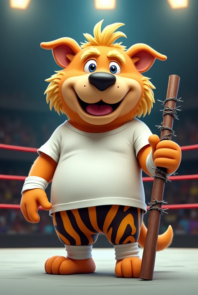 Cartoon mutt dressed like ECW wrestler the Sandman

Cartoon mutt body. Cartoon mutt head. Cartoon mutt face. Cartoon mutt arms. Cartoon mutt hands.

Pudgy.

White T-shirt. Zebra striped pants. White wrist tape

Long blond hair.

Holding a cane stick with barbwire wrapped around it.

Standing in a wrestling ring.