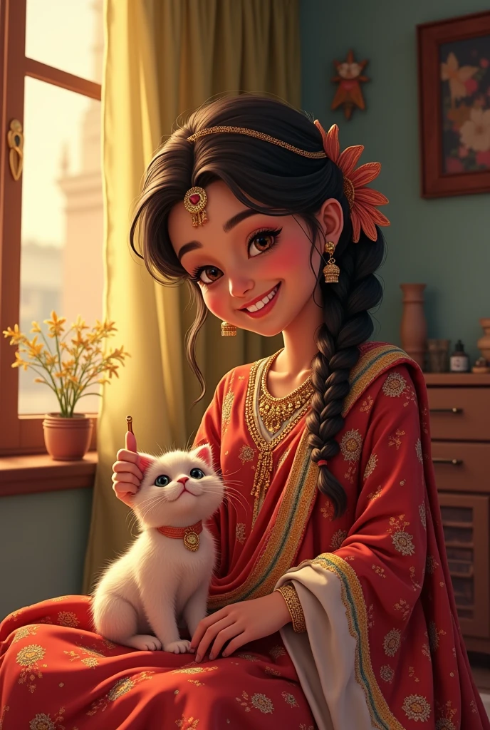 Ayesha Preparing for the Festival:"Ayesha dressing up in her most beautiful traditional frock, while her kitten, Moti, sits nearby, being groomed with a small brush. Ayesha is smiling, and the room is filled with the warm, soft light of evening."