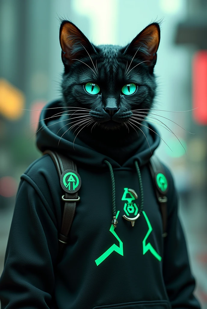 Furry
Furry style
Male cat with black and green fur
Blue eyes
Snake eyes
Wearing a black sweatshirt with green details with technology
Futuristic