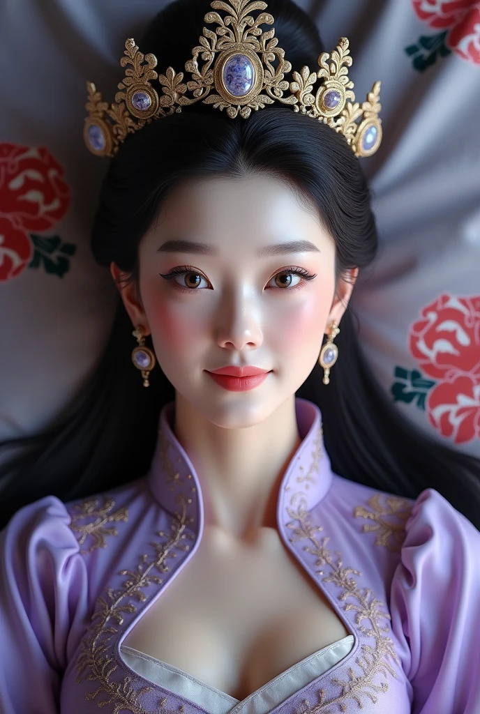 (photorealism:1.2), Using Imperial Chinese Dress purple and crown, beautiful mature white Queen, lying on the bed, A close-up to face and straight-on view from above, good body, straight body possure, big breasts, moderate emotion, like Diao Chan, sweet smile.