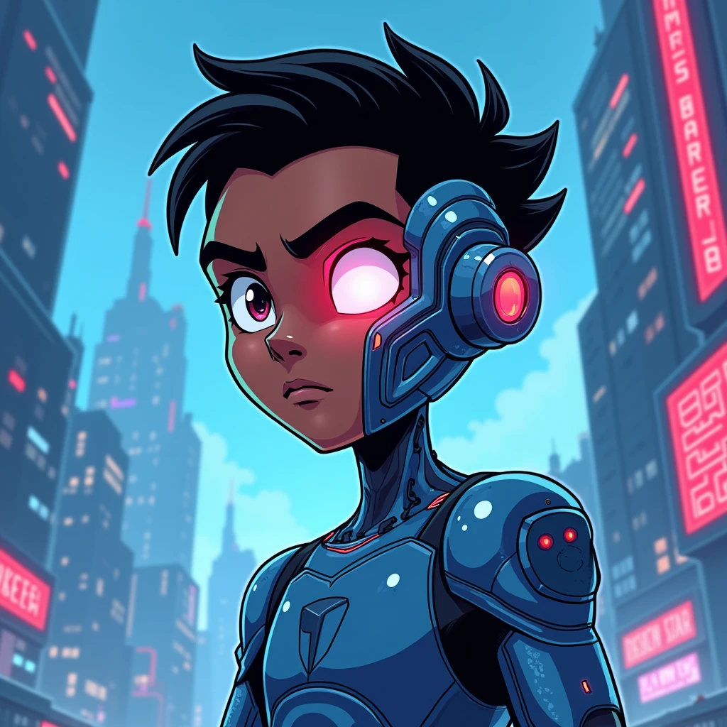 Cartoon, cyborg, teen titans, black man, Blue, Half robot face with one red eye