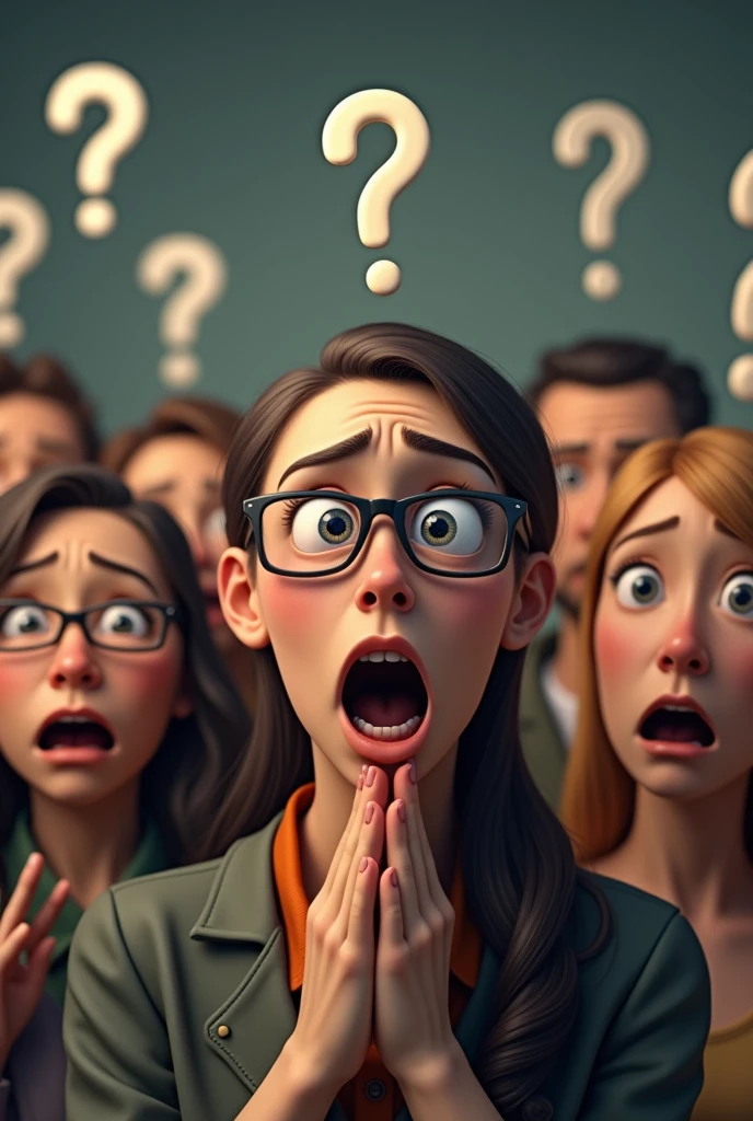 Group of people with surprised and confused expressions, question marks floating above their heads, realistic style, indoor setting, diverse group