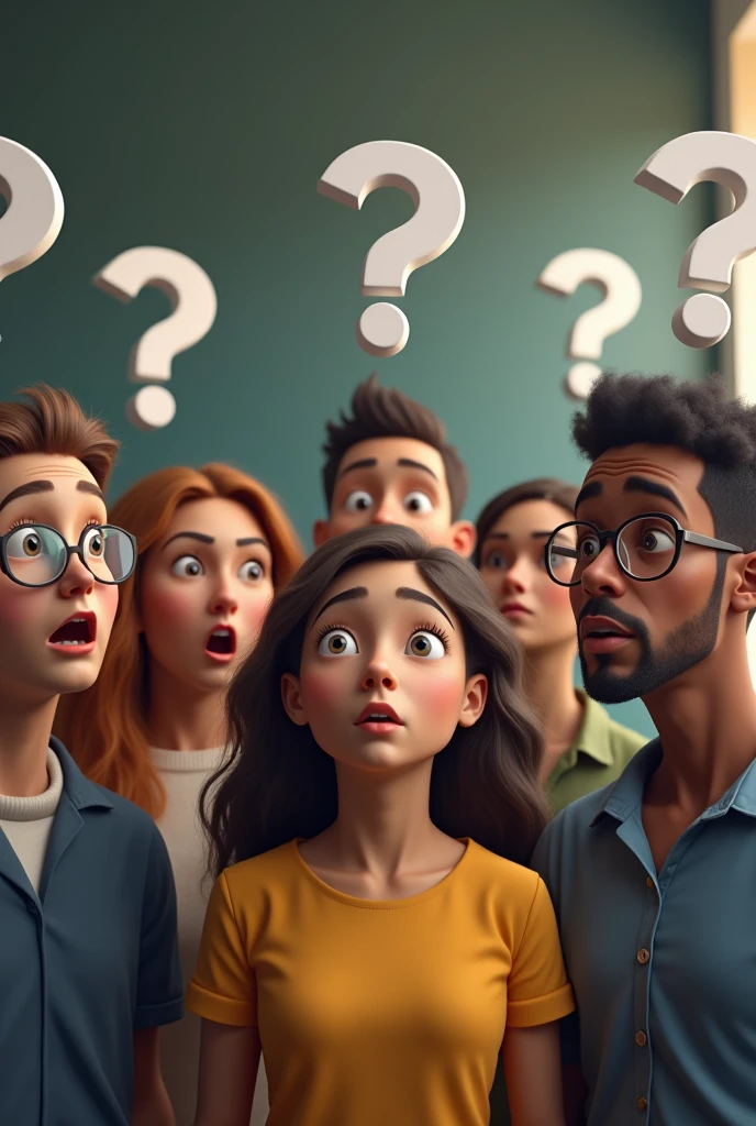 Group of people with surprised and confused expressions, question marks floating above their heads, realistic style, indoor setting, diverse group