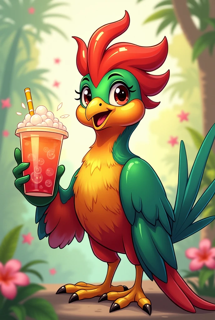 Cartoon of a quetzal showing a bubble tea
