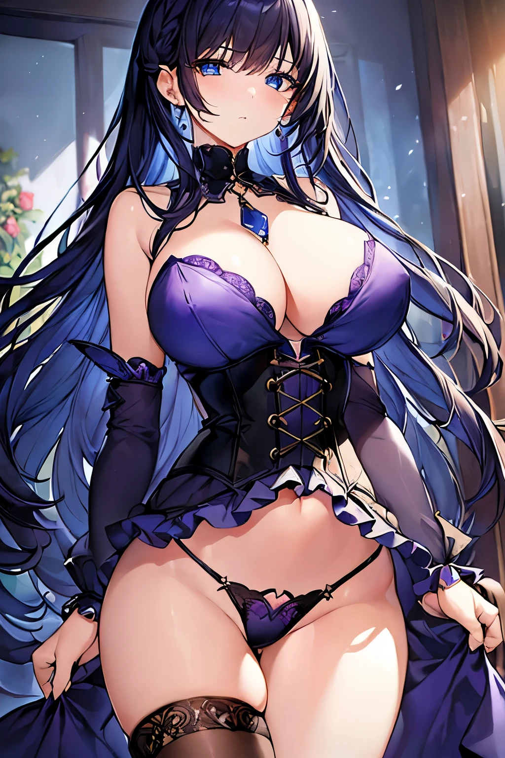 (4K、masterpiece、Highest quality、high resolution、Detailed light、Detailed Shadows、Detailed Design)、1 girl、Thin black hair、messy long hair、Purple and blue clothes、Dark purple、((Blue jewel on chest))、Wrist decoration、Corset Arrangement、Larger breasts、(Aggressive design)、Underwear combined with a corset