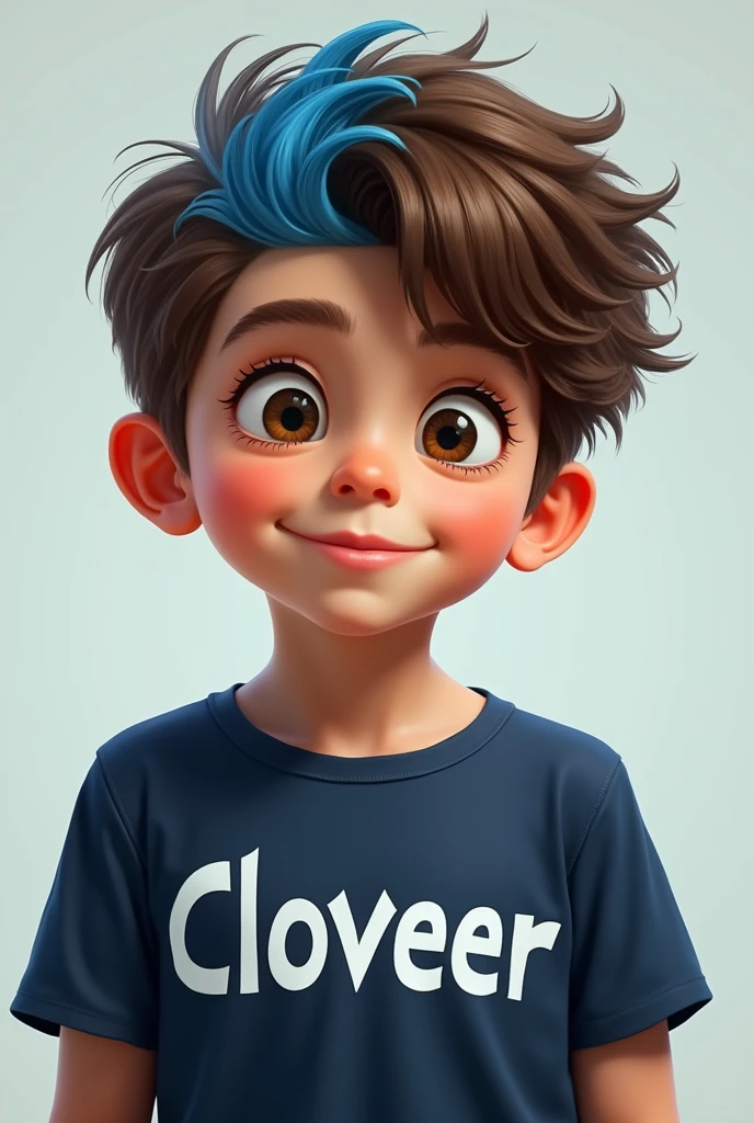 A boy with brown and blue hair wearing a navy blue shirt with the name Cloveer written on it.