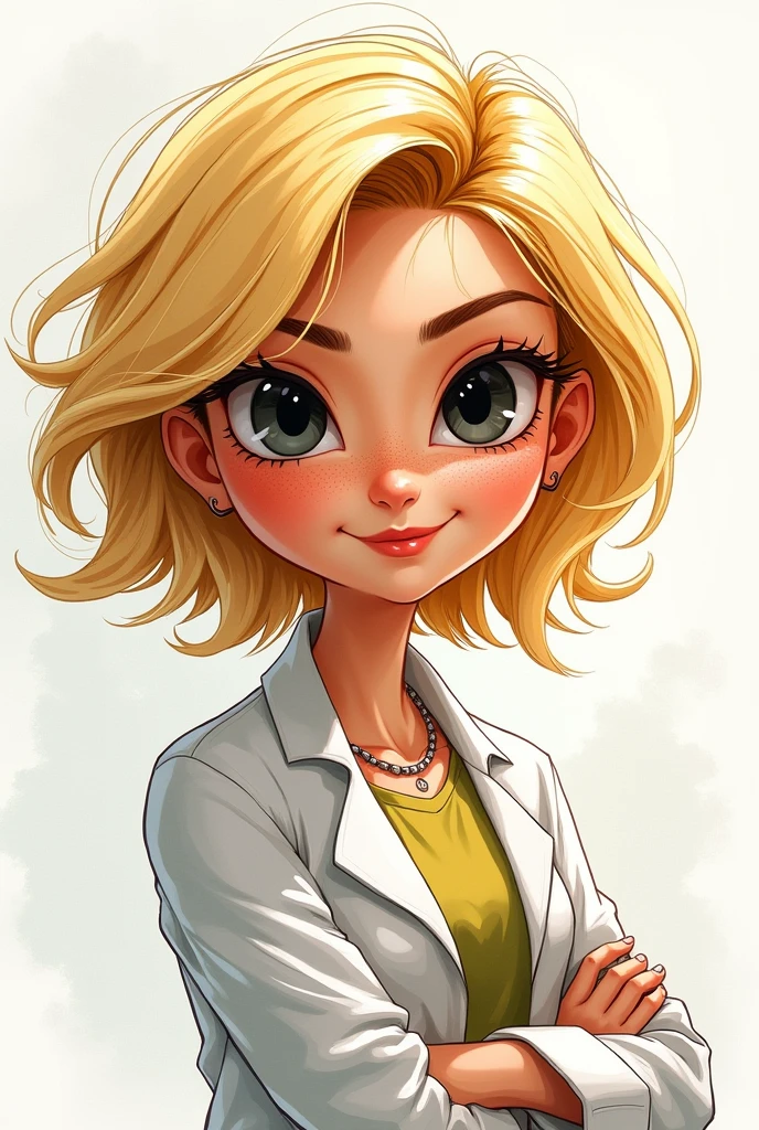 blonde nutritionist,eyes black,short in stature,middle-age,drawing style