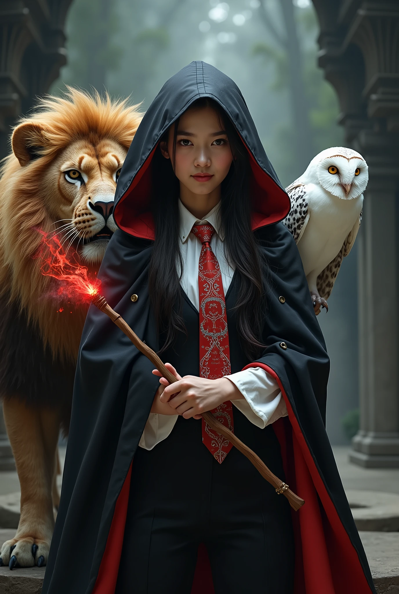 photorealistic photo, asian woman, white skin, Facing straight, Fluffy black hair, Slender fingers, There are five fingers on each hand., Black witch cloak, Red inner hood, black witch hat, White collared inner shirt, Medium red and white patterned tie, In the hand holding a small magic wand, There were red sparks and red smoke coming out of the wood., A white owl stands on the right shoulder., A large golden lion with a fiery red mane appeared from the left rear., The background is an old black castle.