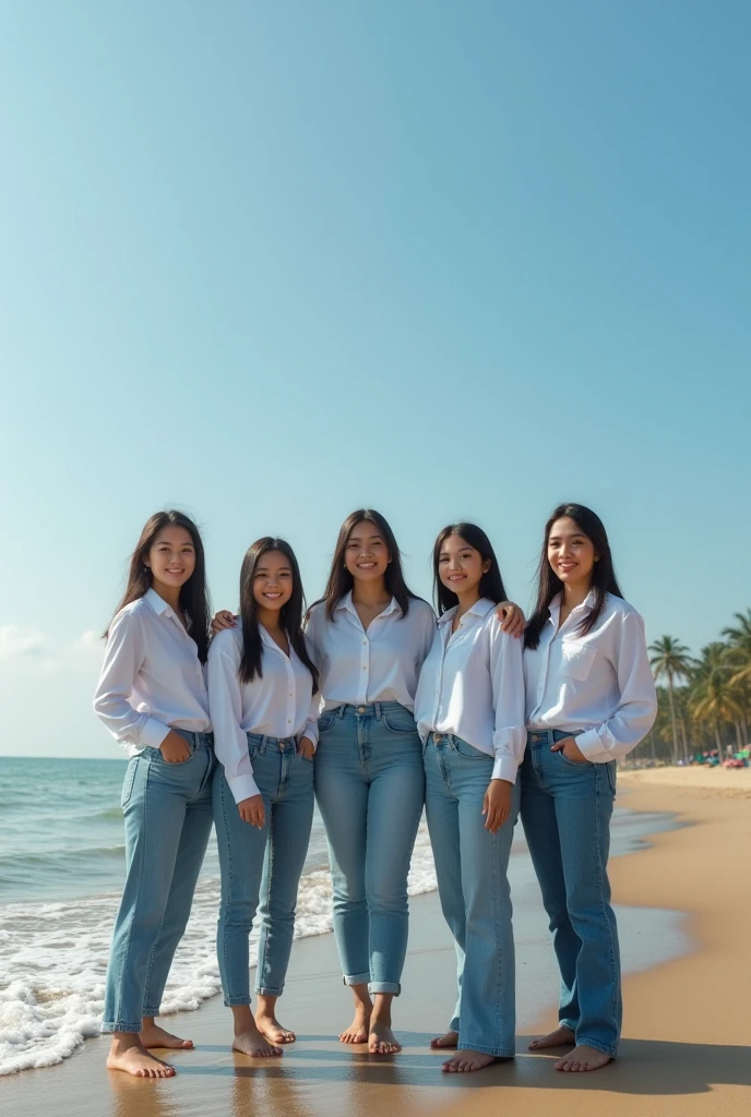 professional group photography there are 8 beautiful Indonesian women, who wears a white shirt , jeans, in tune standing together , with the background on the beach with the attractive lapping of the waves and bright blue clouds. fullHD, ultrahd+ , Earth's atmosphere,realistic, looks authentic, dramatic scene, must be detailed, seen from above using a drone