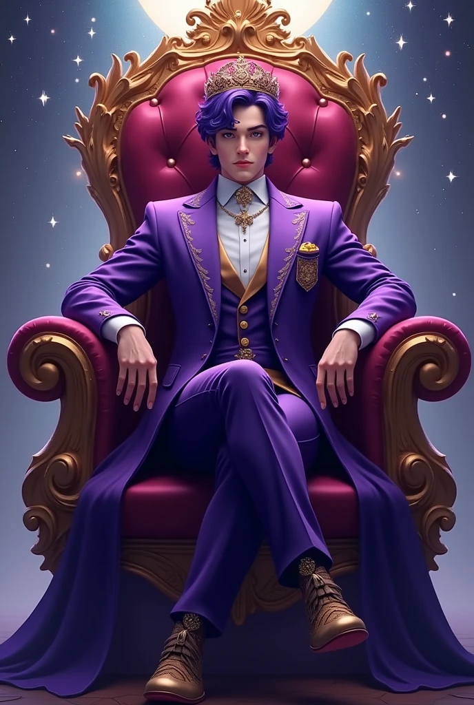 Prince with a crown with star details purple suit on a throne with stars with purple hair and shoes
