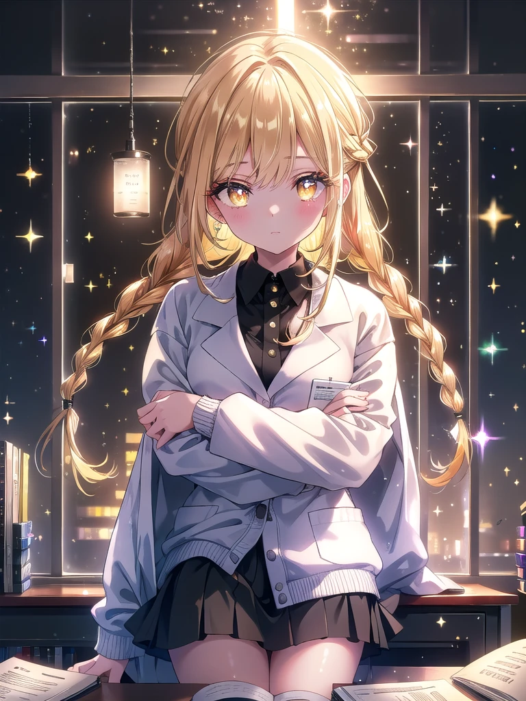 ((8k, Best Quality, Masterpiece: 1.3)), Ultra High Resolution, (One Girl, Solo), (Color Changing Eyes, Super Detailed, Expressive Sparkle, Sparkling, Glowing Eyes), Highly detailed eyes, ((8k, Highest Quality, Masterpiece: 1.3)), Ultra High Resolution, (One Girl, One Person), (Color Changing Eyes, Super Detailed, Expressive Sparkle, Sparkling, Glowing Eyes), Highly Detailed Eyes, Calm Moment at Desk
Her black braided hair is pulled back into a single strand, and her golden yellow eyes shine intelligently. At her desk in the nurse's office, she is wearing a sweater and a tight skirt with a lab coat, and she is resting her elbows on the desk and supporting her chin with a thoughtful expression. In the background is the nurse's desk, with medical books and prescriptions neatly arranged. The lab coat is well-defined, flowing from her shoulders, and the camera angle is set slightly upward from the side of the desk, highlighting her black braided hair, golden yellow eyes, and lab coat.