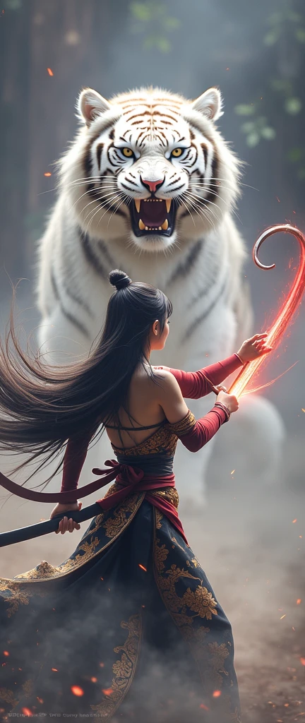 A beautiful young woman, in an ancient black Dusit Thai costume, wearing a black and gold sarong, long black hair, long swordplay, separated by every fierce attack, covered with thick fog that obscures the view, revealing a vivid and surreal scene, the blade's s-cut stands out against the blurred background., Mysterious background, the sharp eyes of a large white tiger with long fangs, written behind the young woman, meeting the audience's eyes.., A thick layer of fog covers the landscape, piercing, clear eyes, incredible light and color.