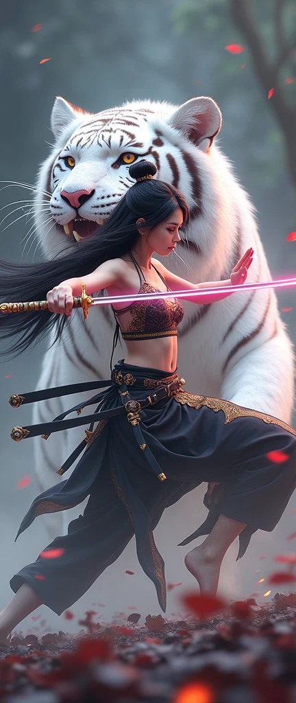 A beautiful young woman, in an ancient black Dusit Thai costume, wearing a black and gold sarong, long black hair, long swordplay, separated by every fierce attack, covered with thick fog that obscures the view, revealing a vivid and surreal scene, the blade's s-cut stands out against the blurred background., Mysterious background, the sharp eyes of a large white tiger with long fangs, written behind the young woman, meeting the audience's eyes.., A thick layer of fog covers the landscape, piercing, clear eyes, incredible light and color.
