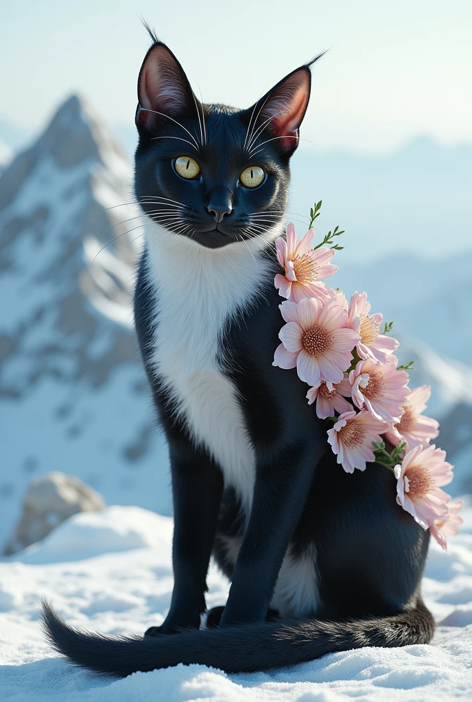 A mutant cat with black and white flowers opens on a snow-white mountain