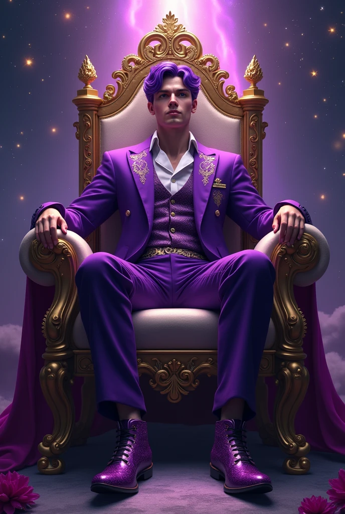 Prince with a crown with star details purple suit on a throne with stars with purple hair and shoes 
