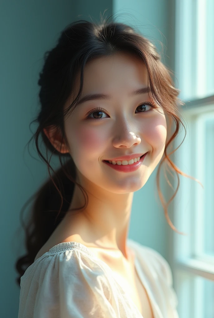 Highest quality,masterpiece,Ultra-high resolution,(Realistic:1.4),One Girl, In the Studio, Pastel blue background,profile,Looking to the side,smile,bright