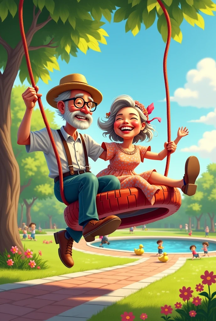 An endearing old couple in a vibrant cartoon style, sharing a heartwarming moment at the park. The husband, with a sprightly spring in his step despite his silver hair and spectacles, playfully swings his wife on a colorful, oversized tire swing. She, adorned with a floral bonnet and a wide smile that reveals her missing teeth, throws her head back in laughter. Their clothes are reminiscent of a bygone era, with the man in suspenders and a straw hat, while the woman wears a flowery dress that flutters in the gentle breeze. The park setting is lush with greenery, with a bright blue sky serving as a backdrop, and the sun casting a warm, golden glow over the scene. A quaint, red-brick pathway leads to a serene pond where ducks waddle by, and the lush grass is dotted with blooming flowers and children playing. The couple's youthful spirits shine through their actions, as their wrinkles and age lines are softened by the joy they find in each other's company. Their eyes sparkle with mischief and love, capturing the essence of a timeless bond that has only grown stronger over the years. The vivid colors and playful shapes of the scene enhance the whimsical atmosphere, inviting viewers to revel in the simple pleasures of life and the enduring power of companionship.