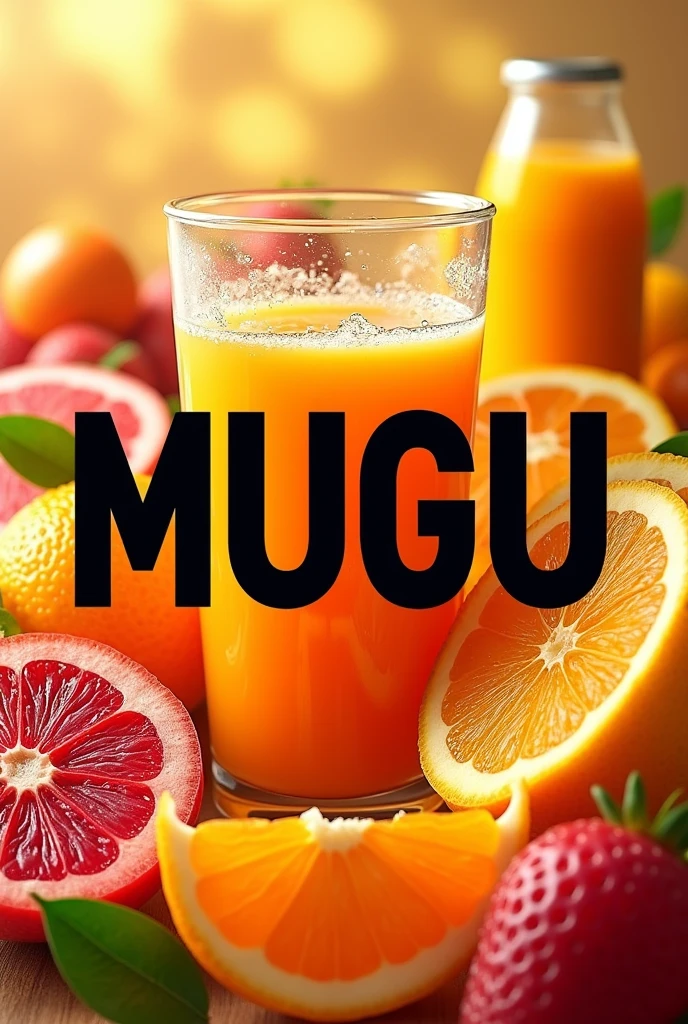 I want mugu text color of black and Orange with juice and fruits background 