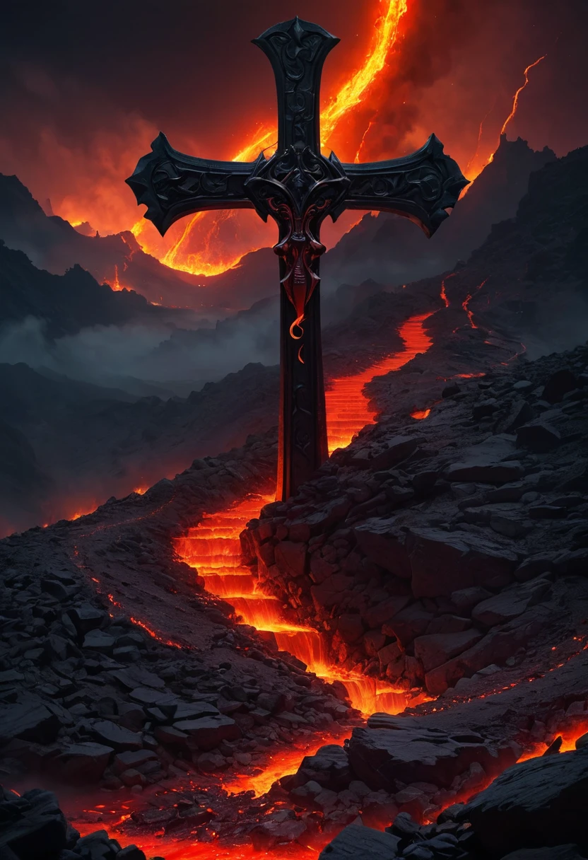 (Messenger from hell:1.4),cross,View of sickle from below,hell,magma,flame,(紫色flame:1.3),There is fresh Blood on the ground,Blood pool,dripping Blood,Goethe's aesthetics,one、Rose、castle、cross、Blood、Churchyard,gothic style的神秘、solemn and profound,gothic style,gothic style蕾丝的衣服、象征浪漫的Rose、grave、ruins、Gothic cathedral,Gothic Symbol Series