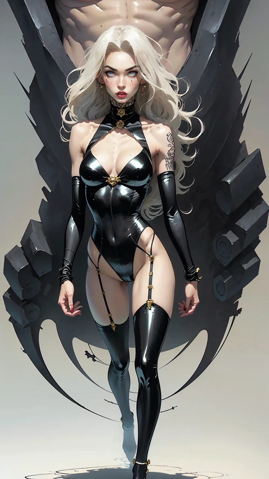 (megan fox), Lady Death, female bodybuilder physique, seductive face, seductive look, (black silk leotard & thigh highs), long white hair, perfect muscular body, long thin legs, white eyes & skin, muscular bulging pecs, (huge muscular shoulders:1.45), (full body shot), (blank background:1.25), MeganF_SoloTI_v1