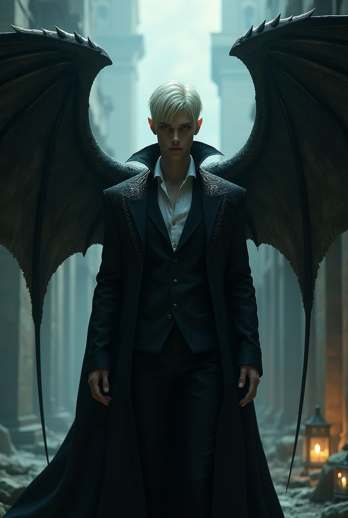 Male Vampire, tall and slim, unnatural skin color and unnatural eye color, short blonde hair and wings