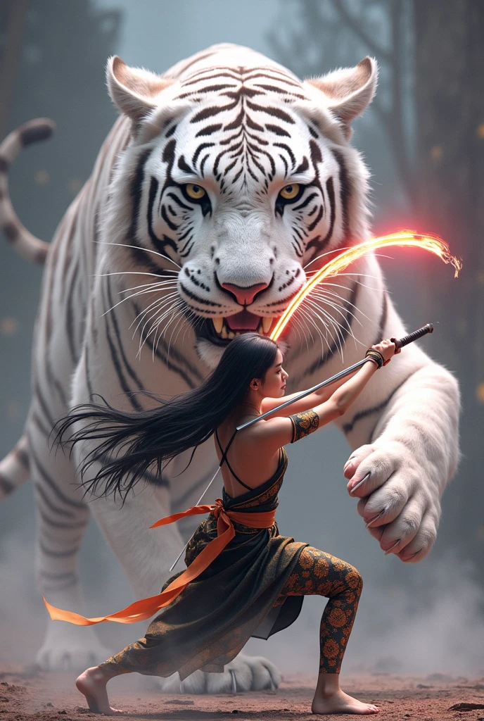 A beautiful young woman, in an ancient black Dusit Thai costume, wearing a black and gold sarong, long black hair, long swordplay, separated by every fierce attack, covered with thick fog that obscures the view, revealing a vivid and surreal scene, the blade's s-cut stands out against the blurred background., Mysterious background, the sharp eyes of a large white tiger with long fangs, written behind the young woman, meeting the audience's eyes.., A thick layer of fog covers the landscape, piercing, clear eyes, incredible light and color.