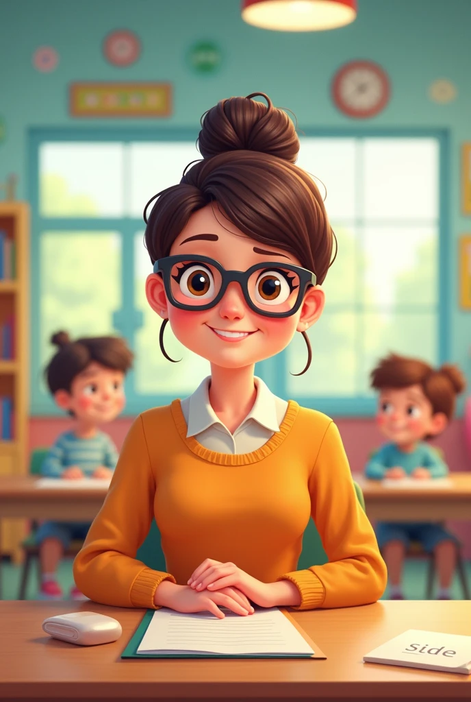 The female director of the kindergarten tied her hair up and was slightly fat and wore glasses. Cartoon version 