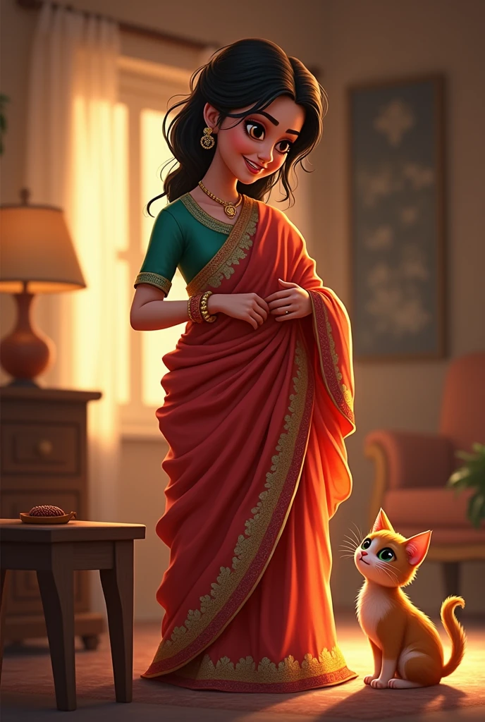 Ayesha Preparing for the Festival:"Ayesha dressing up in her most beautiful traditional frock, while her kitten, Moti, sits nearby, being groomed with a small brush. Ayesha is smiling, and the room is filled with the warm, soft light of evening."
One more time
Ayesha is a
