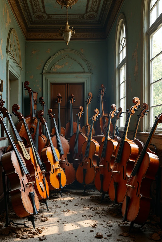 (photorealism:1.2), Orchestra with a lot of old instruments and no musicians in an abandoned place